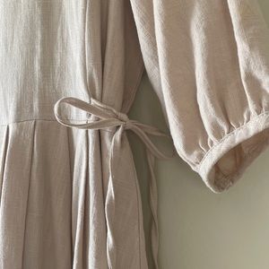 Beige Cotton Linen Puff Sleeve Peasant Dress
